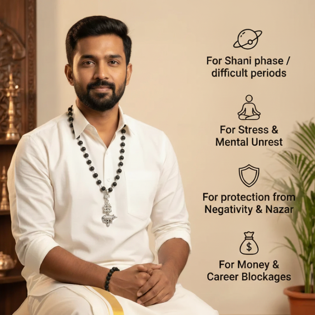 Silver Cap Karungali Mala with Trishul Nandi Pendant