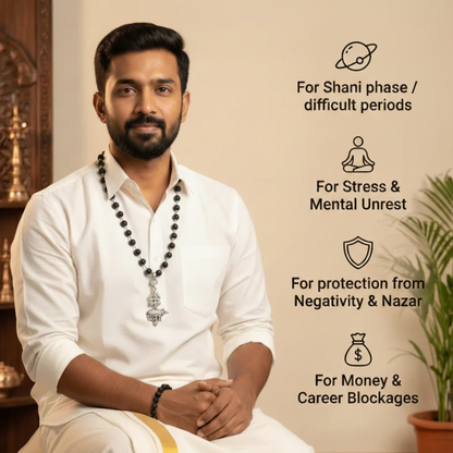 Silver Cap Karungali Mala with Trishul Nandi Pendant