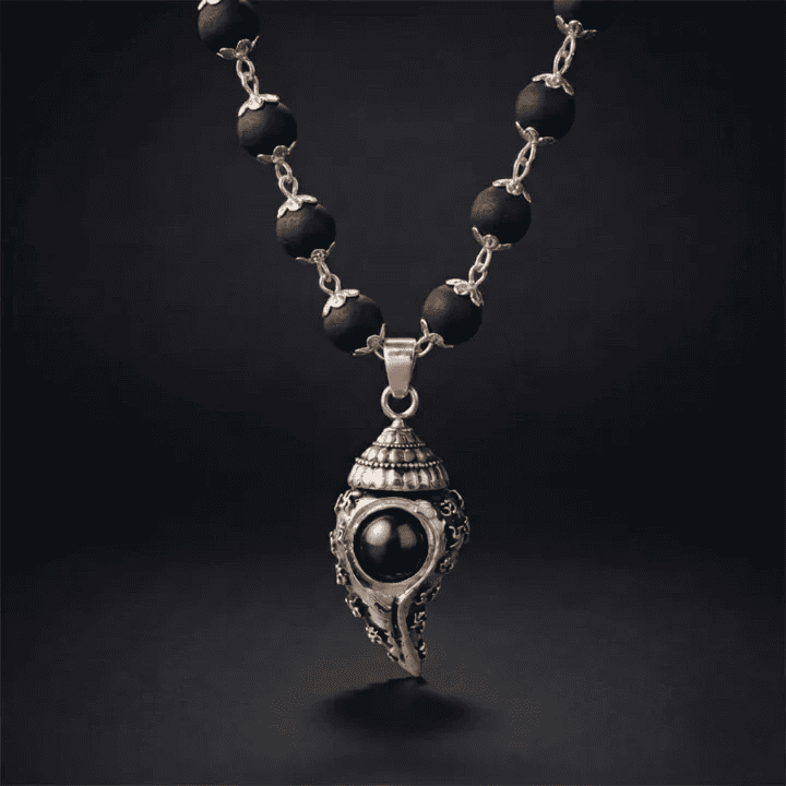 Om Shankh Karungali Malai Necklace - Silver Plated