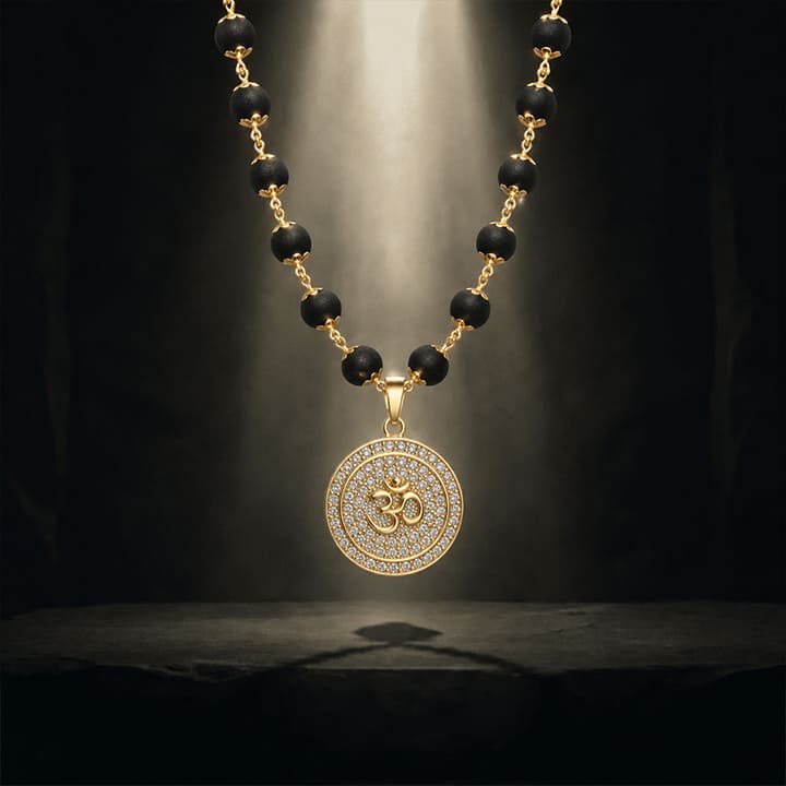 Karungali Malai with Gold Capped Beads & Om Pendant