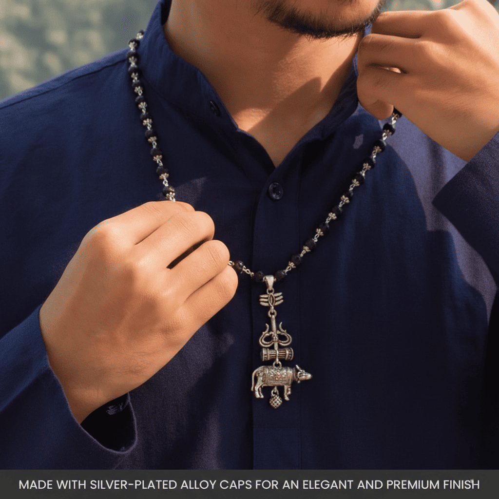 Silver Cap Karungali Mala with Trishul Nandi Pendant