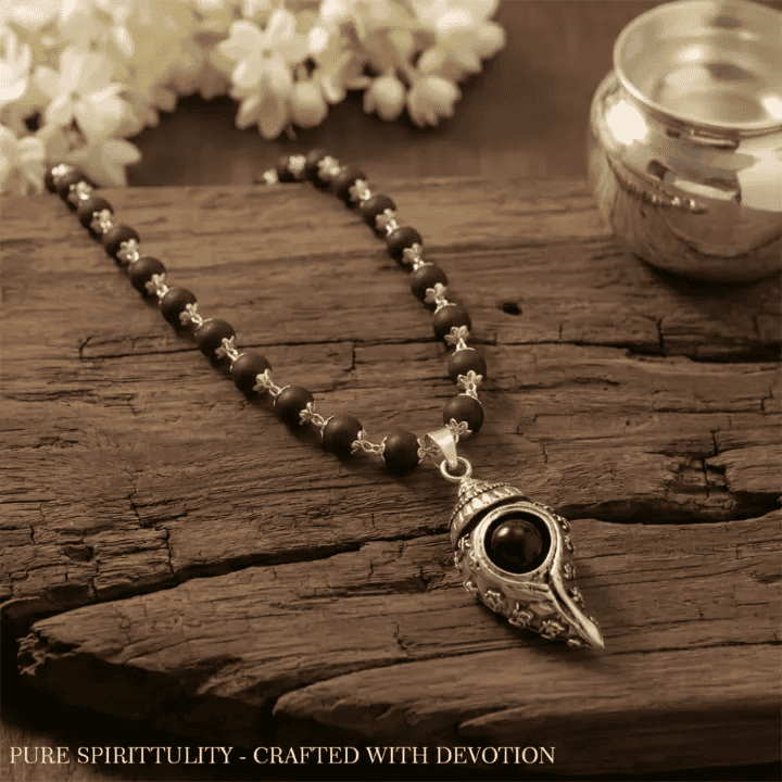 Om Shankh Karungali Malai Necklace - Silver Plated