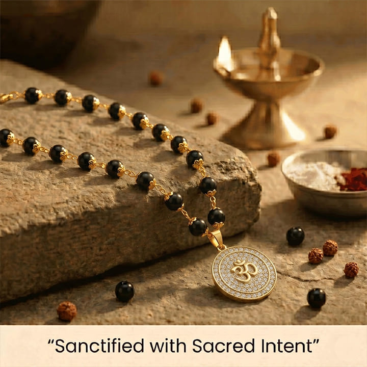 Karungali Malai with Gold Capped Beads & Om Pendant