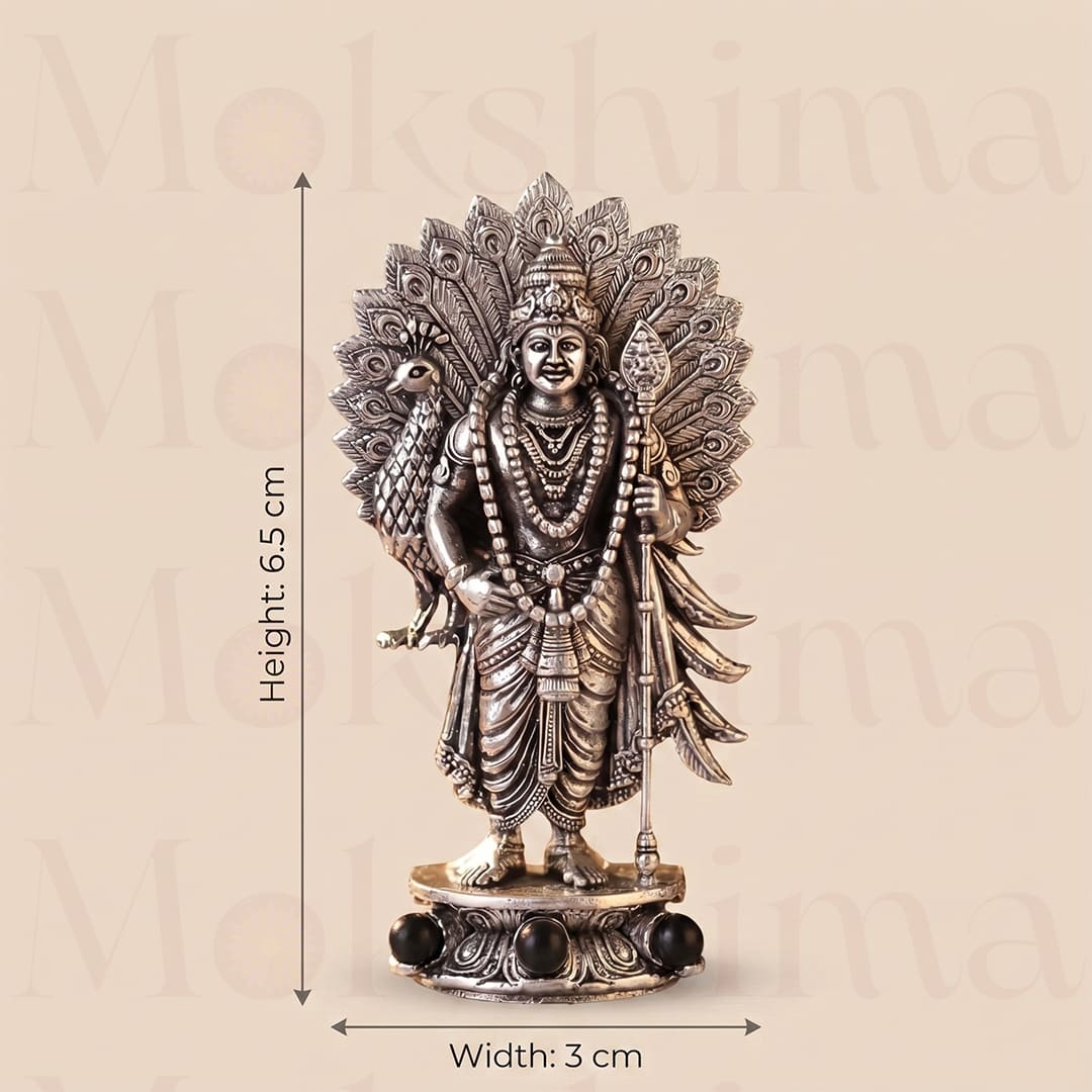 Divine Lord Murugan Idol with Peacock - Silver Plated