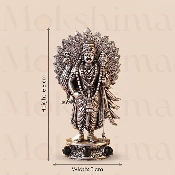 Divine Lord Murugan Idol with Peacock - Silver Plated