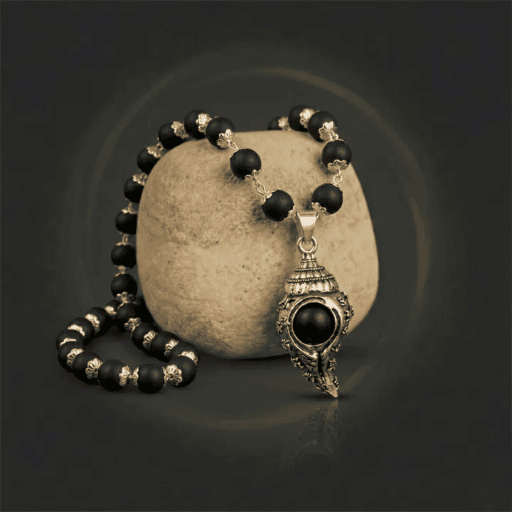 Om Shankh Karungali Malai Necklace - Silver Plated