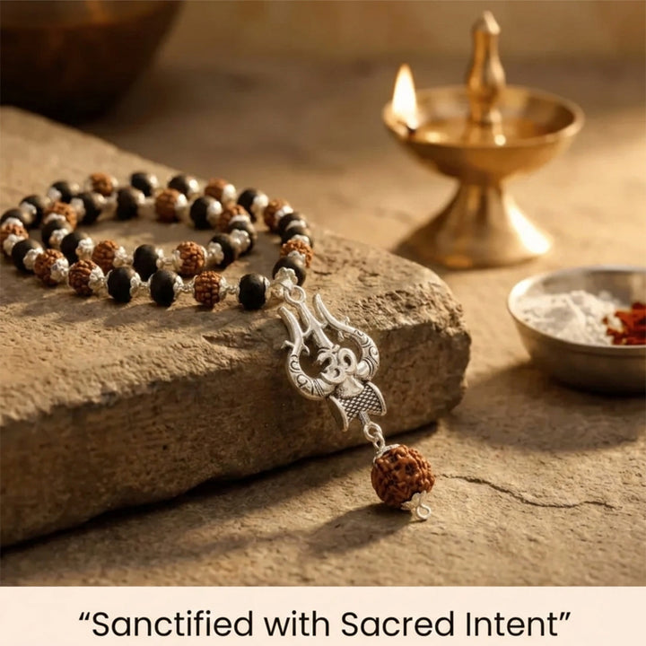 Silver Plated Rudraksha & Karungali Mala with Trishul Pendant
