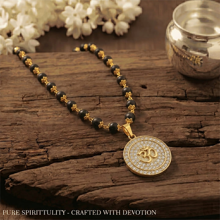 Karungali Malai with Gold Capped Beads & Om Pendant