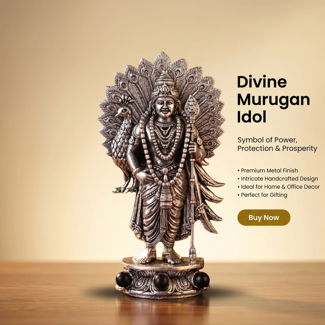 Divine Lord Murugan Idol with Peacock - Silver Plated