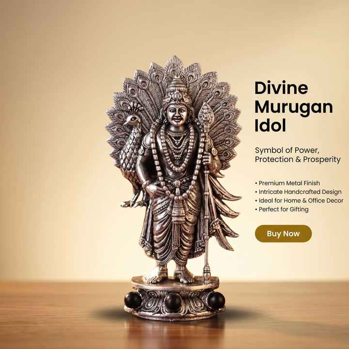 Divine Lord Murugan Idol with Peacock - Silver Plated