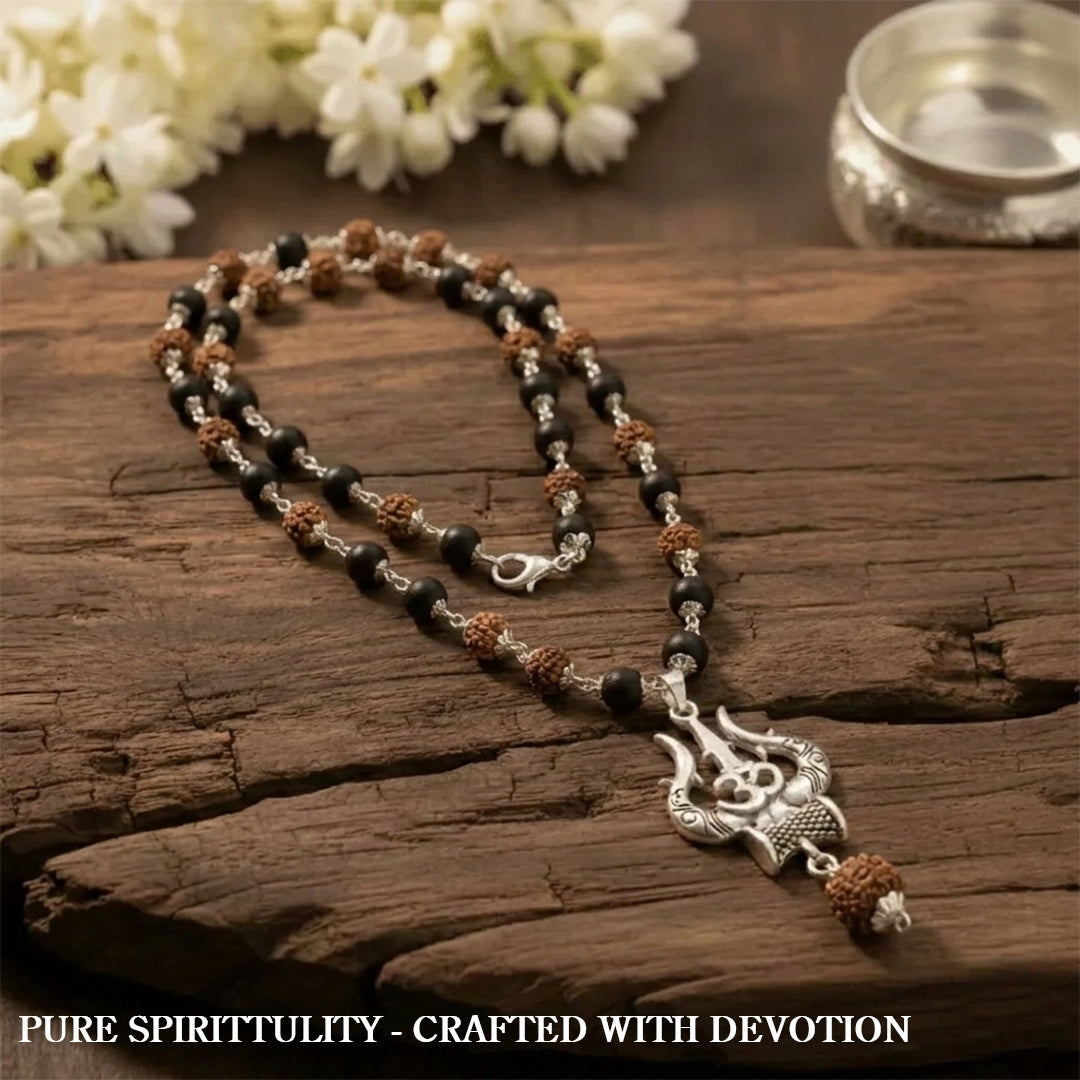 Silver Plated Rudraksha & Karungali Mala with Trishul Pendant
