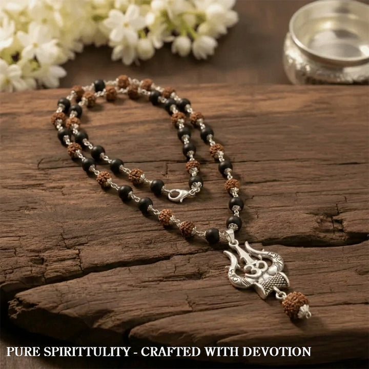 Silver Plated Rudraksha & Karungali Mala with Trishul Pendant