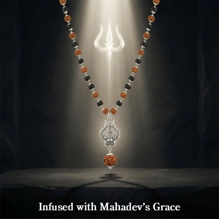 Silver Plated Rudraksha & Karungali Mala with Trishul Pendant