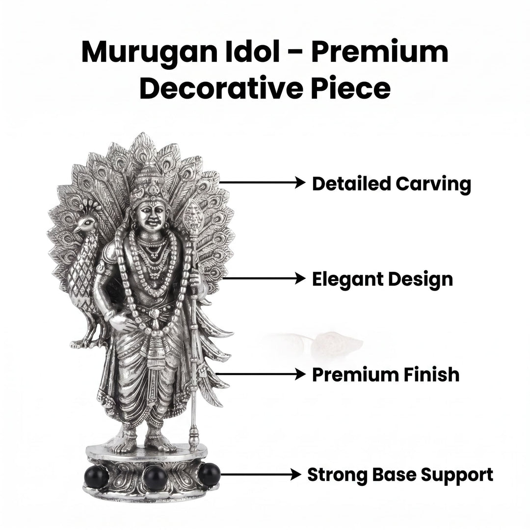 Divine Lord Murugan Idol with Peacock - Silver Plated