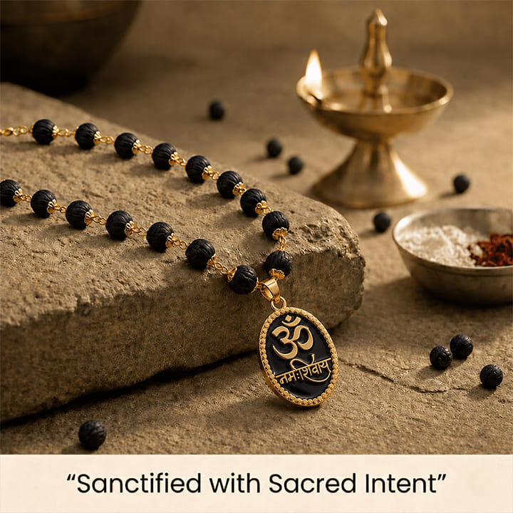 Karungali Malai with Gold-Plated Caps & Om Namah Shivaya Pendant