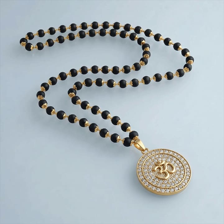 Karungali Malai with Gold Capped Beads & Om Pendant