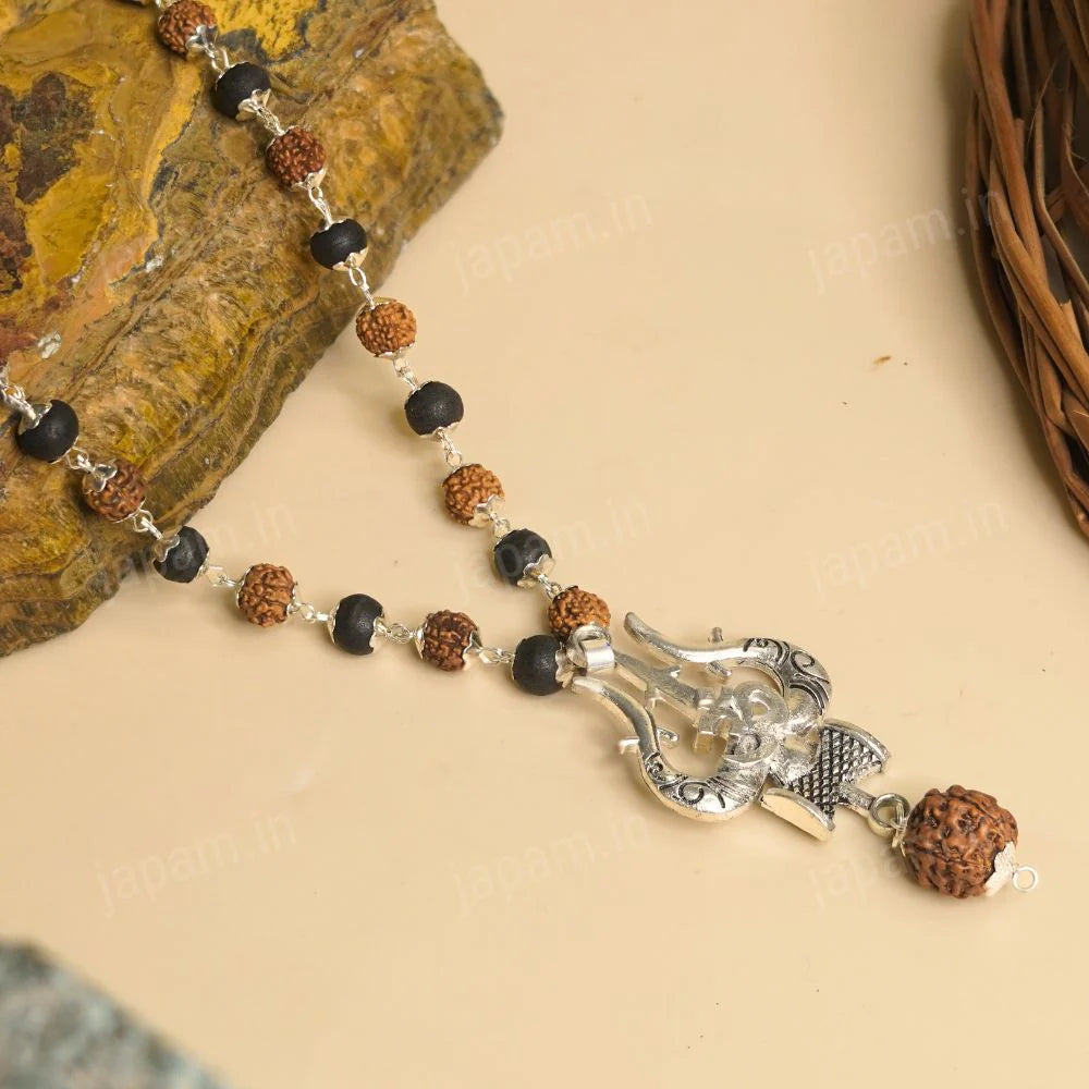 Silver Plated Rudraksha & Karungali Mala with Trishul Pendant
