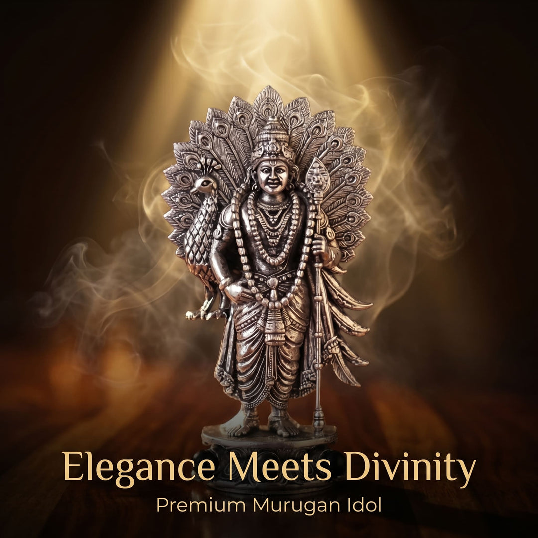 Divine Lord Murugan Idol with Peacock - Silver Plated