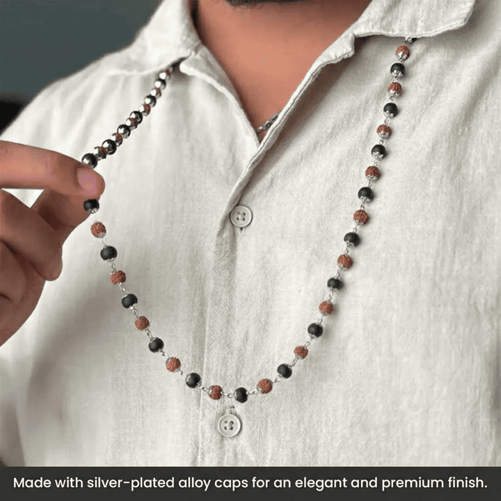Divya Raksha Rudraksha & Karungali Mala with Silver Capping (Buy 1 Get 1 Free Gift)
