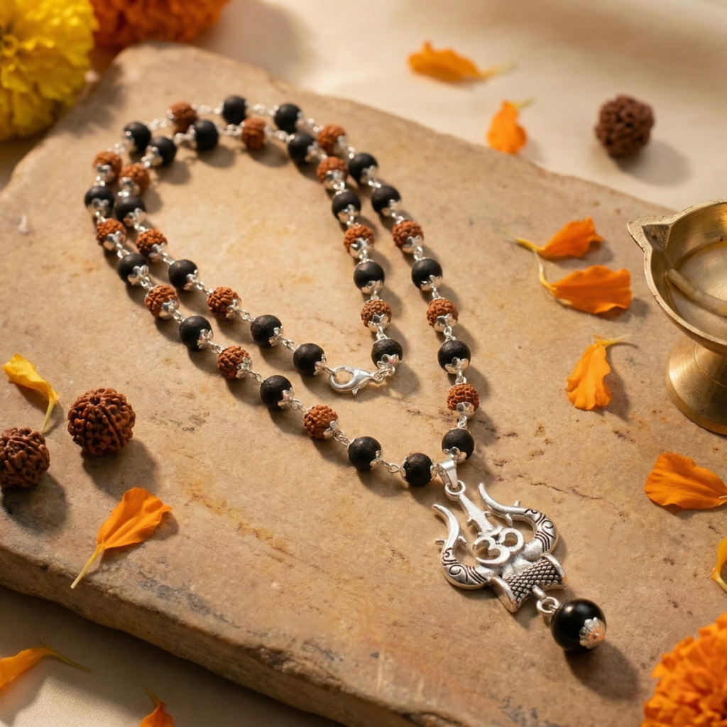 Divya Raksha Rudraksha & Karungali Mala with Silver Capping (Buy 1 Get 1 Free Gift)