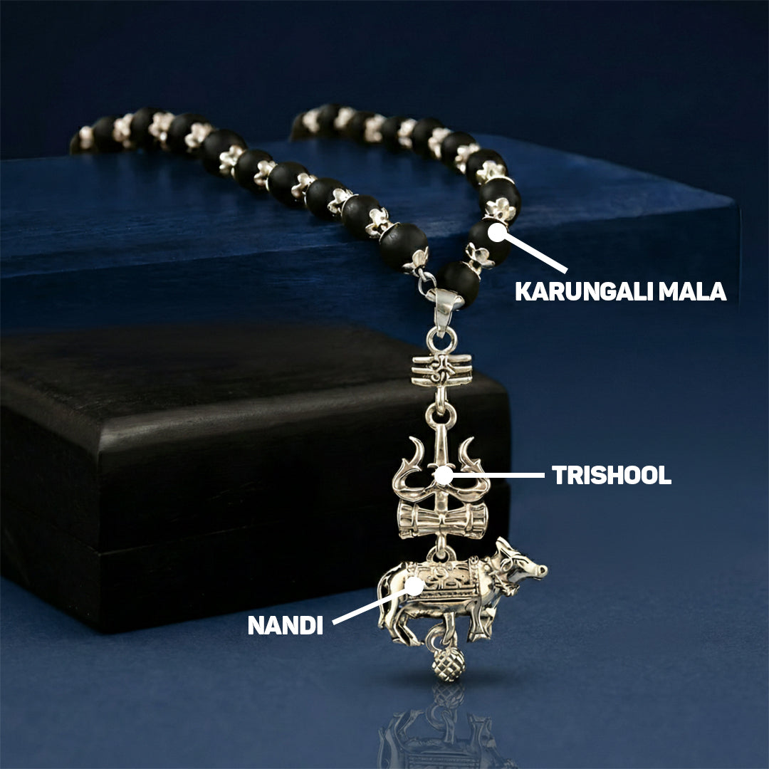Shive Raksha Karungali Mala With Trishul Nandi Pendant