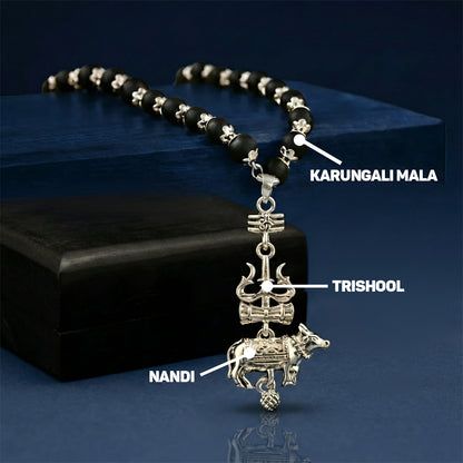 Silver Cap Karungali Mala with Trishul Nandi Pendant
