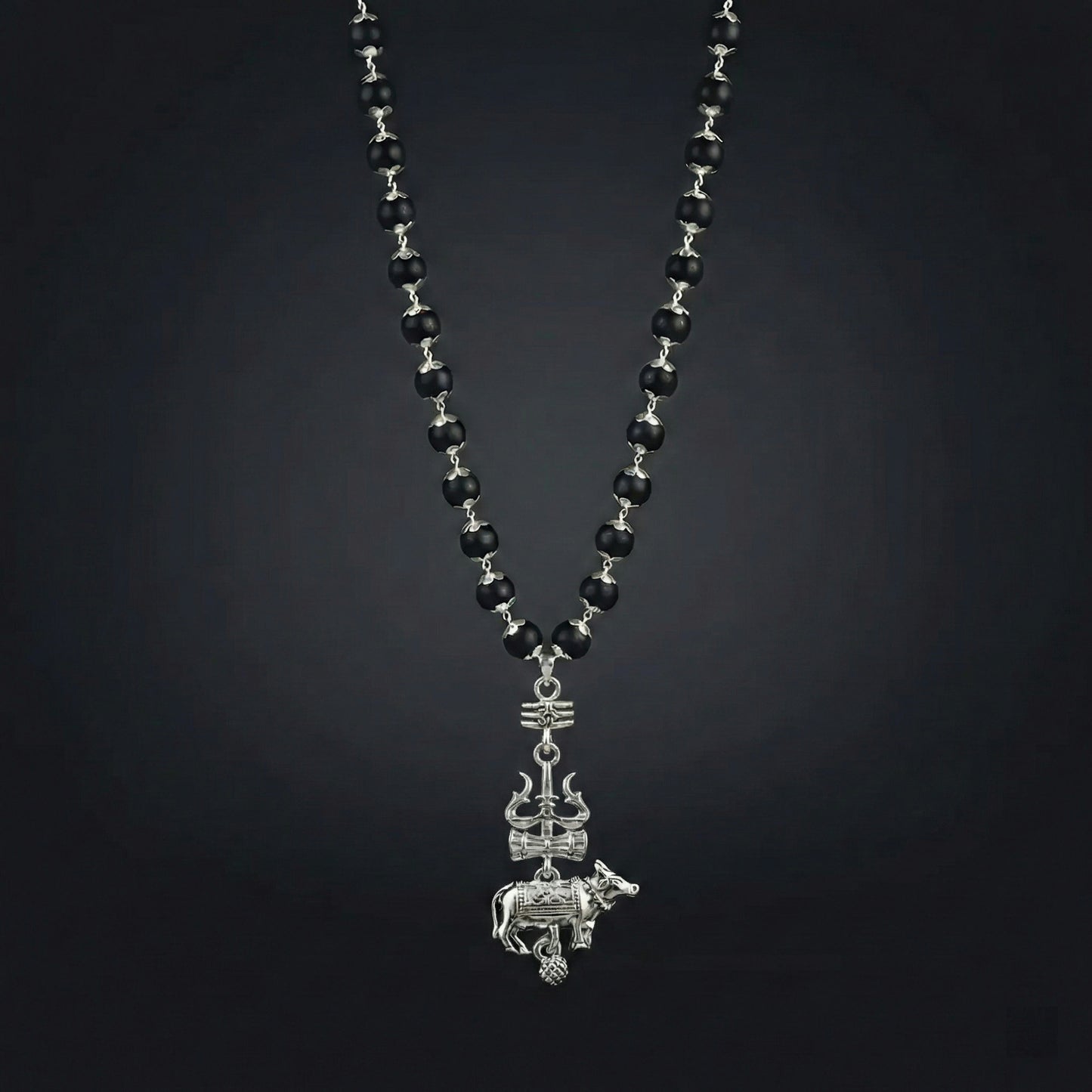 Silver Cap Karungali Mala with Trishul Nandi Pendant