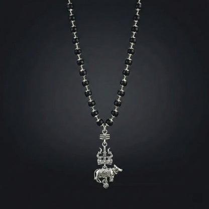 Silver Cap Karungali Mala with Trishul Nandi Pendant
