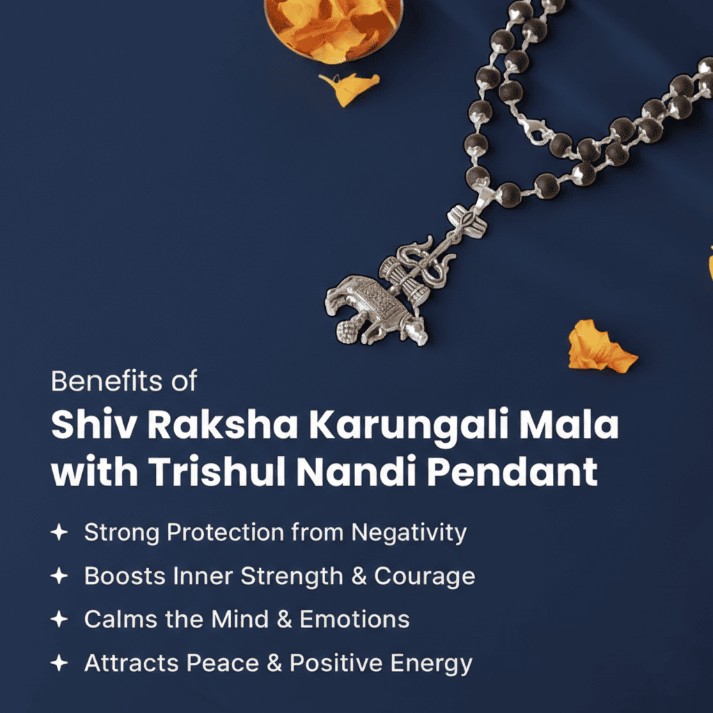 Silver Cap Karungali Mala with Trishul Nandi Pendant