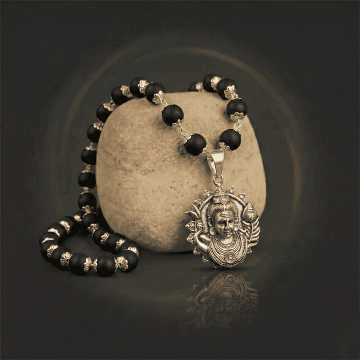 Silver Karungali Necklace with Murugan Vetri Vel Pendant