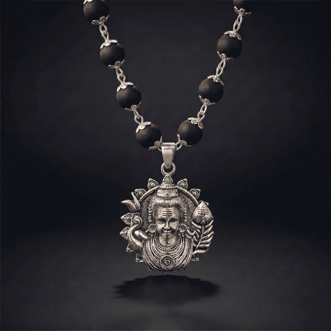 Silver Karungali Necklace with Murugan Vetri Vel Pendant