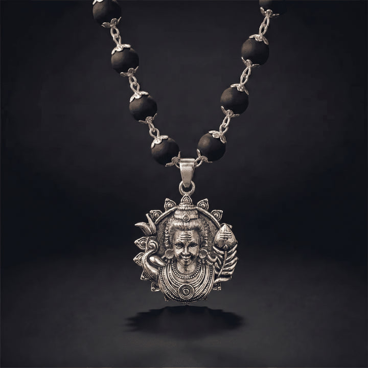 Silver Karungali Necklace with Murugan Vetri Vel Pendant