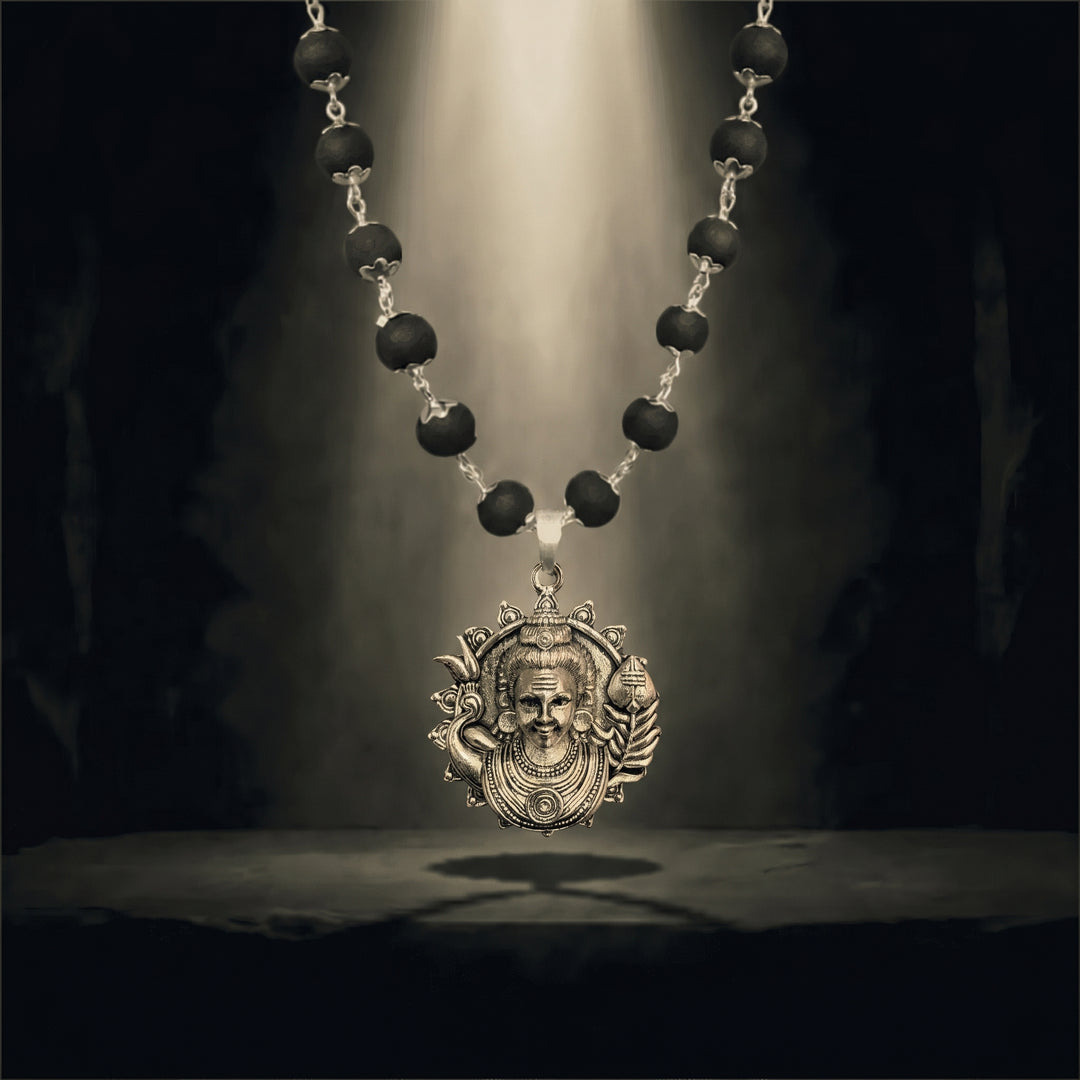 Silver Karungali Necklace with Murugan Vetri Vel Pendant