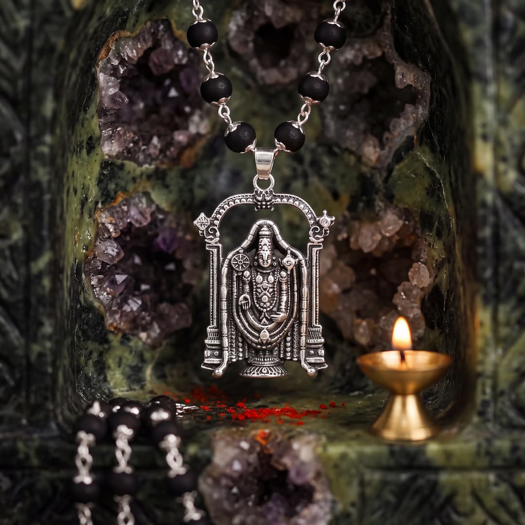 Silver-Capped Karungali Malai with Lord Venkateswara Balaji Pendant