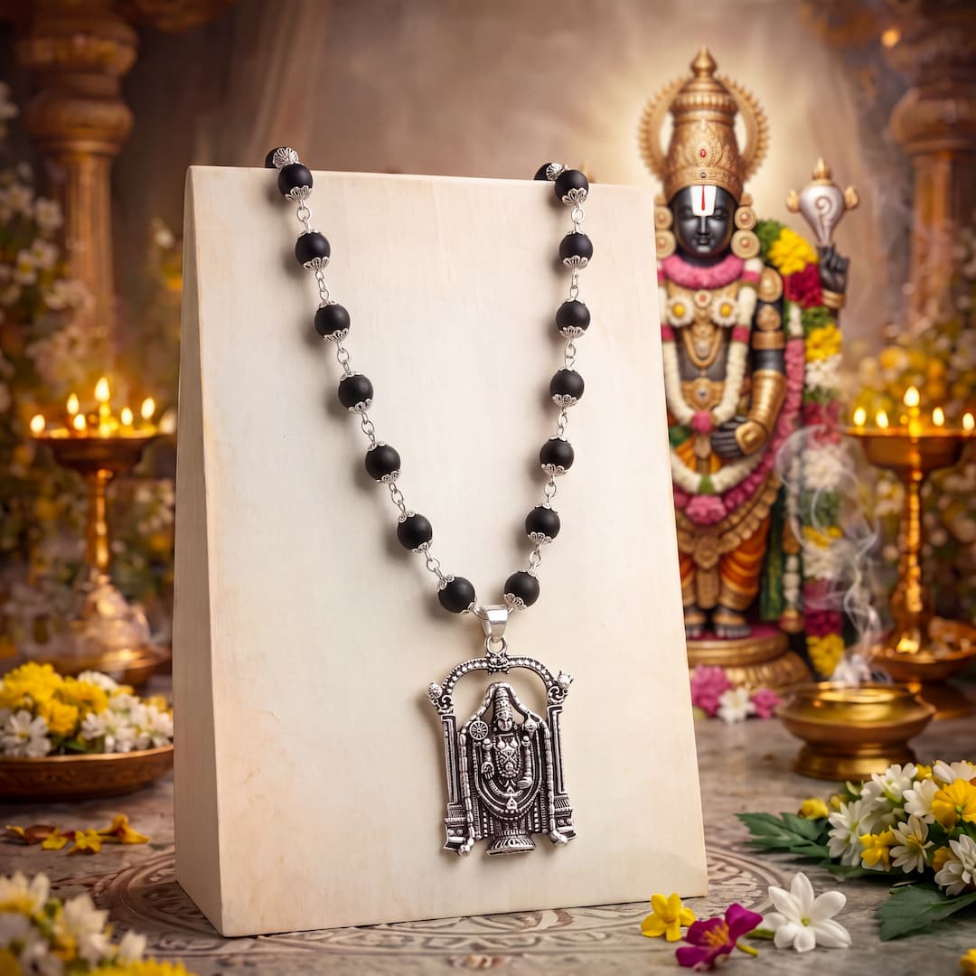 Silver-Capped Karungali Malai with Lord Venkateswara Balaji Pendant