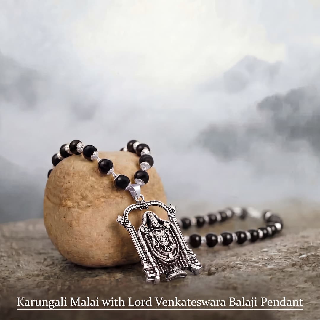 Silver-Capped Karungali Malai with Lord Venkateswara Balaji Pendant