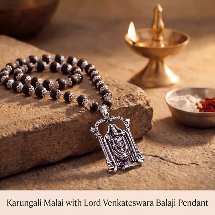 Silver-Capped Karungali Malai with Lord Venkateswara Balaji Pendant