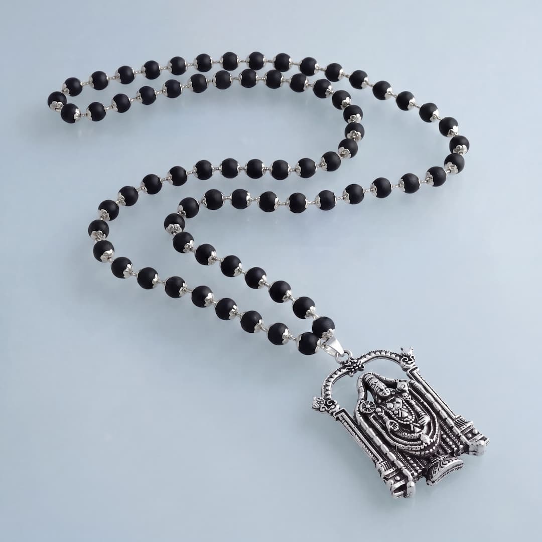 Silver-Capped Karungali Malai with Lord Venkateswara Balaji Pendant