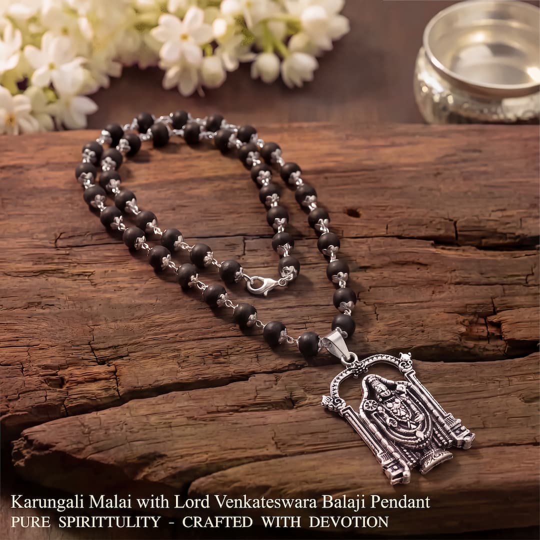 Silver-Capped Karungali Malai with Lord Venkateswara Balaji Pendant