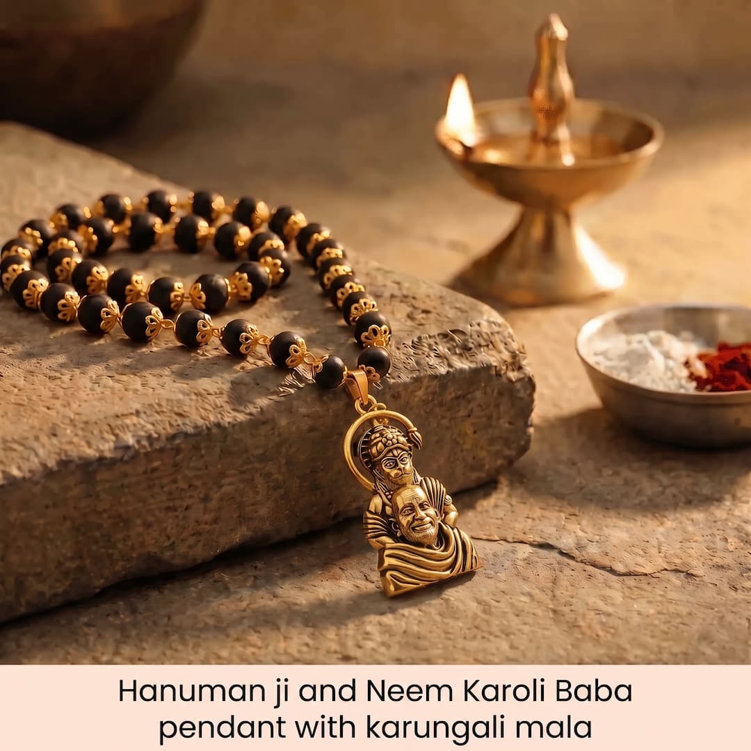 Hanumanji and Neem Karoli Baba Pendant With Karungali Mala