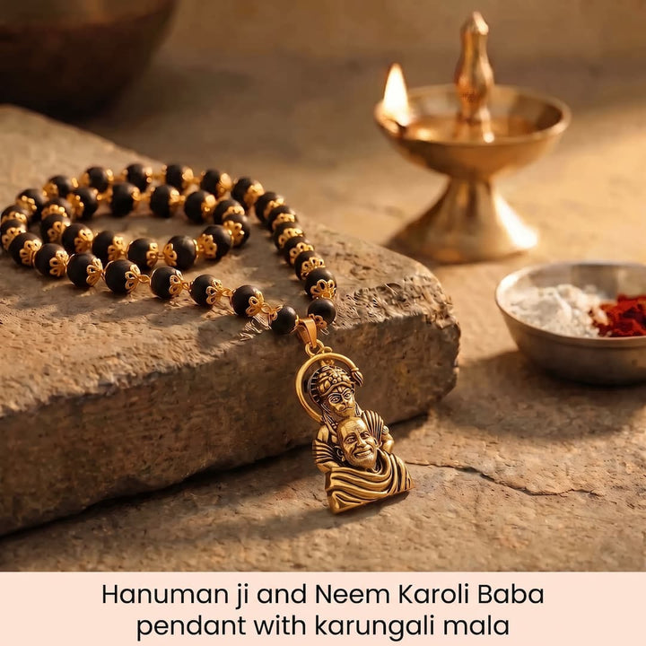 Hanumanji and Neem Karoli Baba Pendant With Karungali Mala