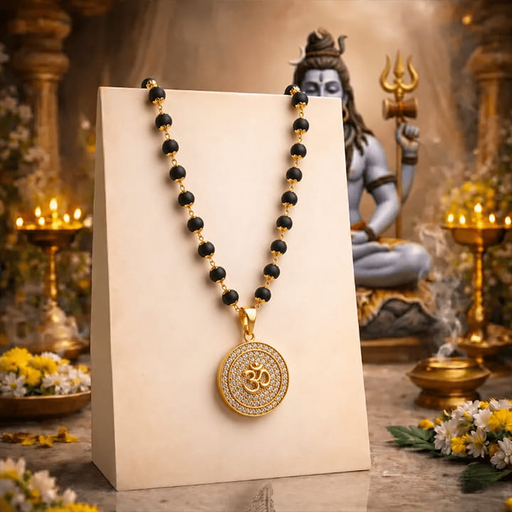Karungali Malai with Gold Capped Beads & Om Pendant