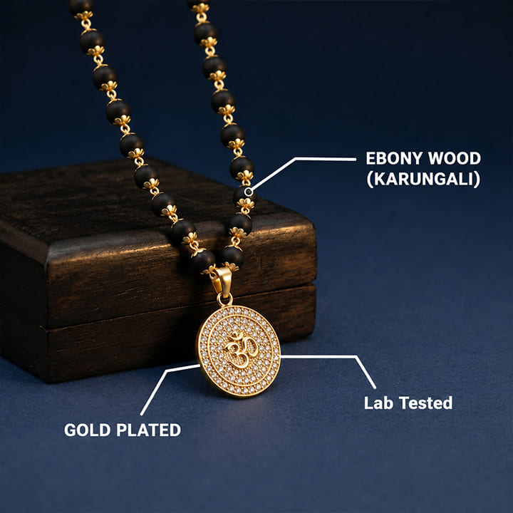 Karungali Malai with Gold Capped Beads & Om Pendant