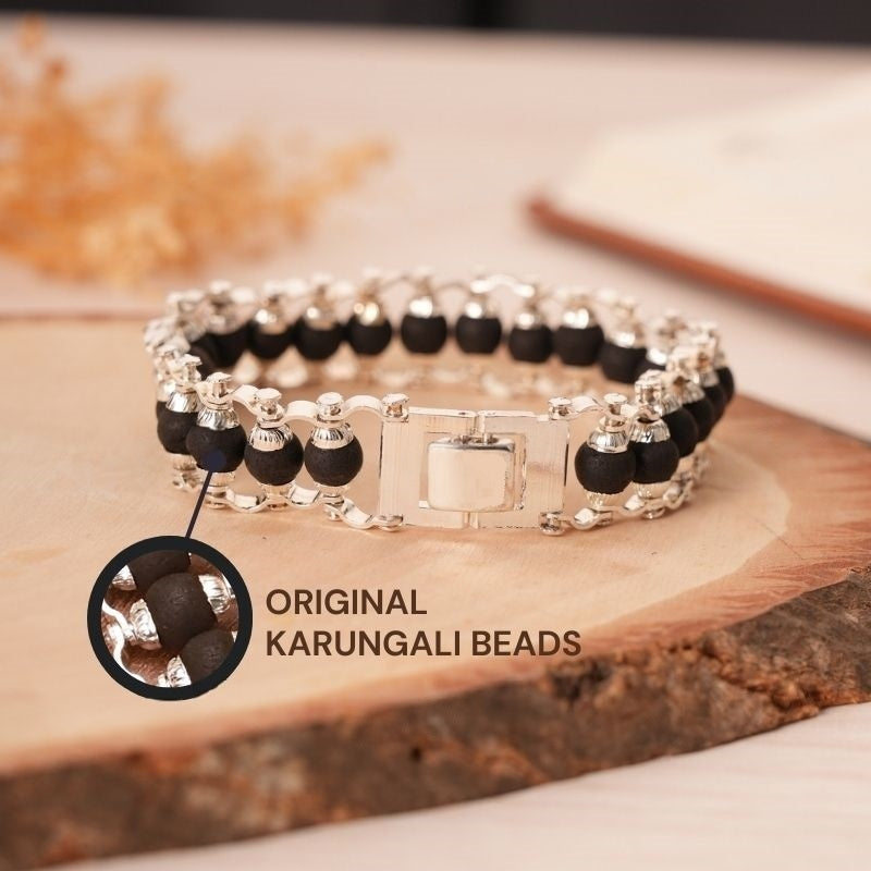 Silver Plated Karungali Moden Bracelet - Natural Ebony Wood