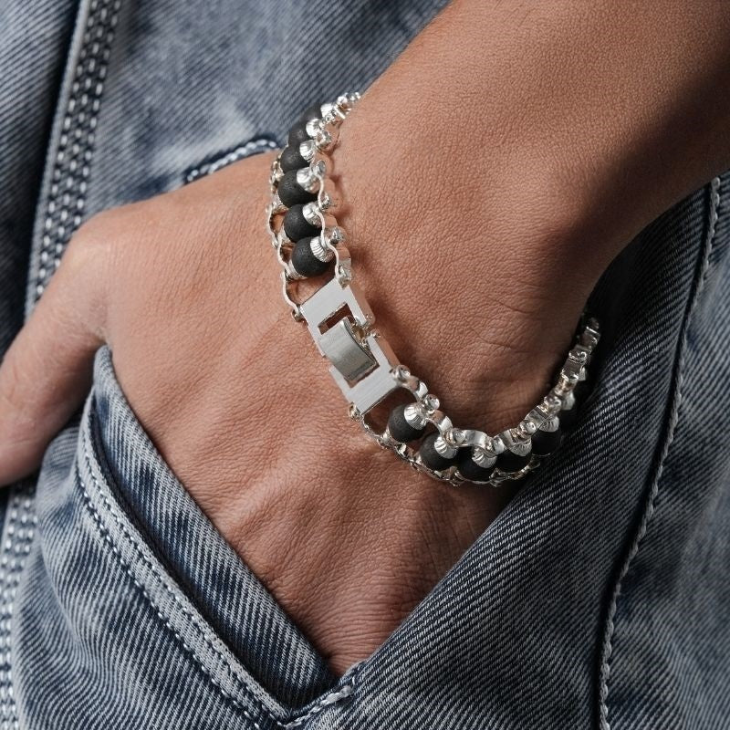 Silver Plated Karungali Moden Bracelet - Natural Ebony Wood