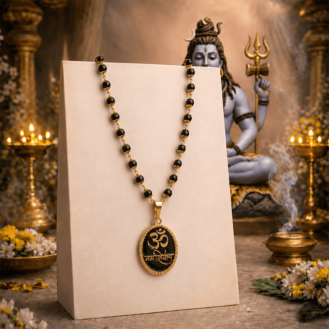 Karungali Malai with Gold-Plated Caps & Om Namah Shivaya Pendant