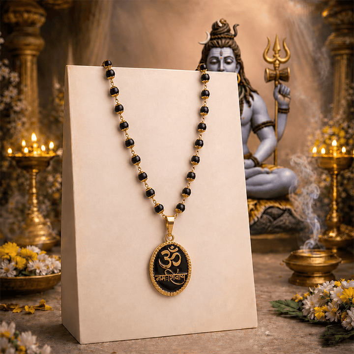 Karungali Malai with Gold-Plated Caps & Om Namah Shivaya Pendant