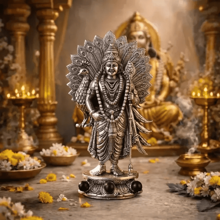 Divine Lord Murugan Idol with Peacock - Silver Plated