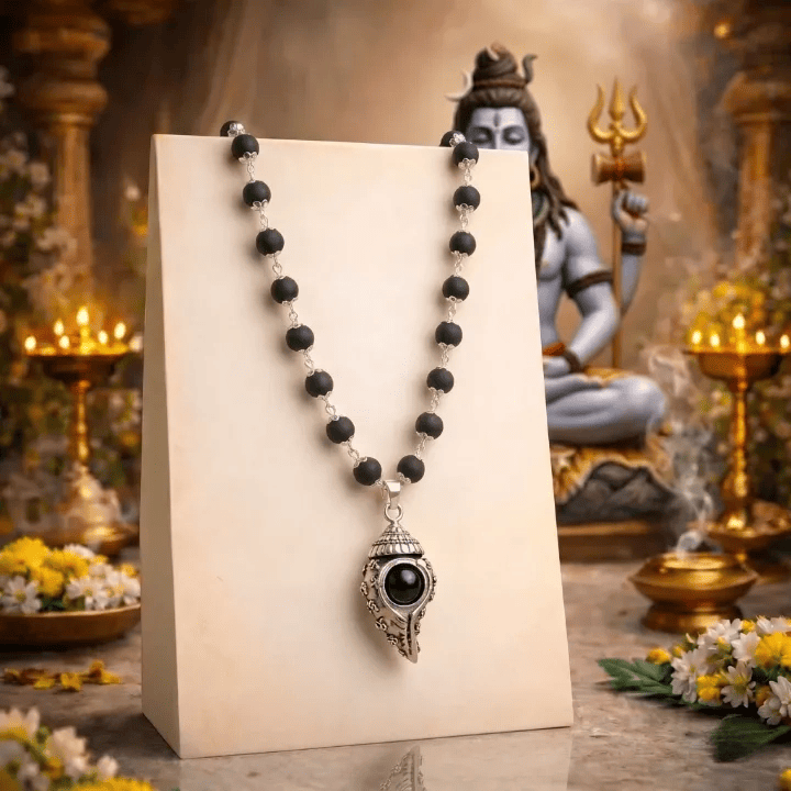Om Shankh Karungali Malai Necklace - Silver Plated
