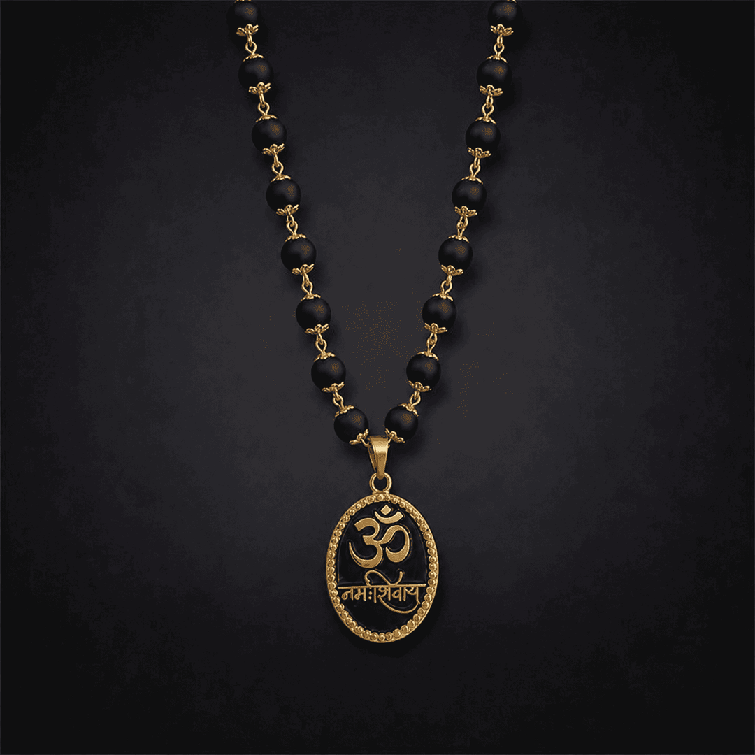 Karungali Malai with Gold-Plated Caps & Om Namah Shivaya Pendant